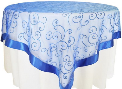 square embroidery organza overlay with satin border-blue