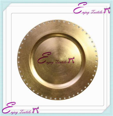 rhinestone plastic round charger plate-gold